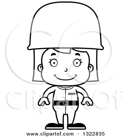 Lineart Clipart of a Cartoon Black and White Happy Girl Soldier - Royalty Free Outline Vector Illustration by Cory Thoman