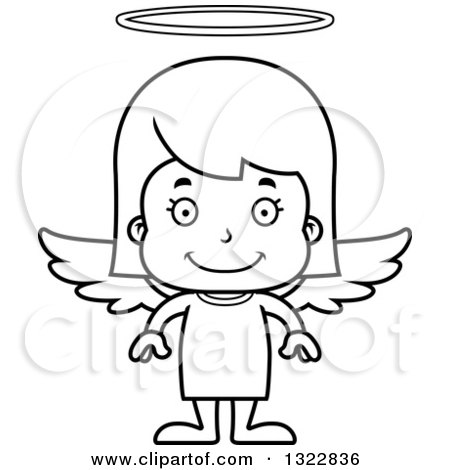 Lineart Clipart of a Cartoon Black and White Happy Girl Angel - Royalty Free Outline Vector Illustration by Cory Thoman
