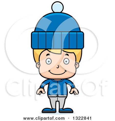 Clipart of a Cartoon Happy Blond White Boy in Winter Clothes - Royalty Free Vector Illustration by Cory Thoman