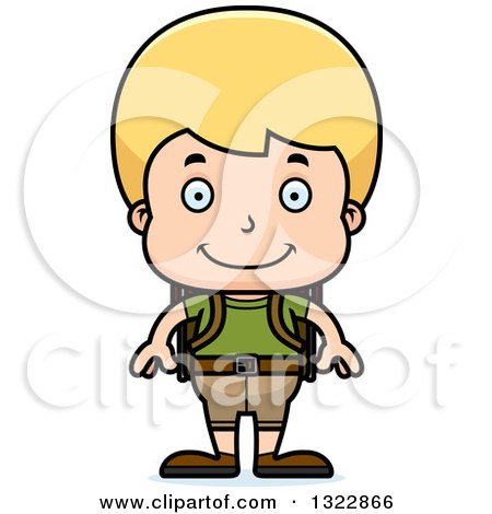 Clipart of a Cartoon Happy Blond White Boy Hiker - Royalty Free Vector Illustration by Cory Thoman