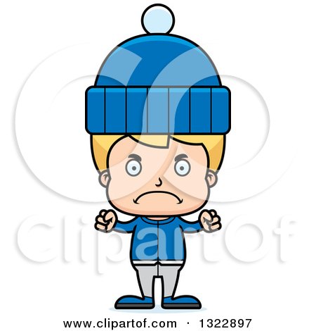 Clipart of a Cartoon Mad Blond White Boy in Winter Clothes - Royalty Free Vector Illustration by Cory Thoman