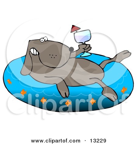 Happy Dog Drinking Wine and Soaking in an Inflatable Kiddie Pool Clipart Illustration by djart