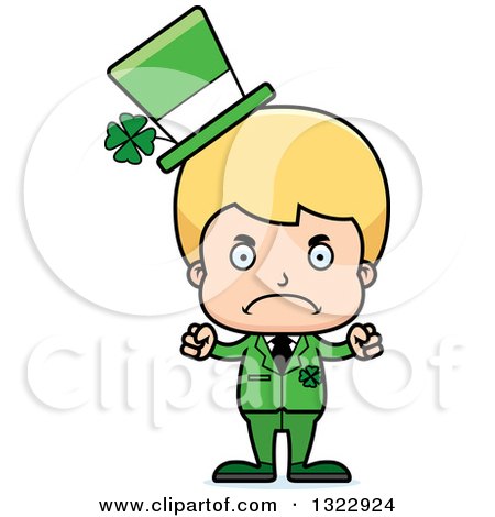 Clipart of a Cartoon Mad Blond White Irish St Patricks Day Boy - Royalty Free Vector Illustration by Cory Thoman