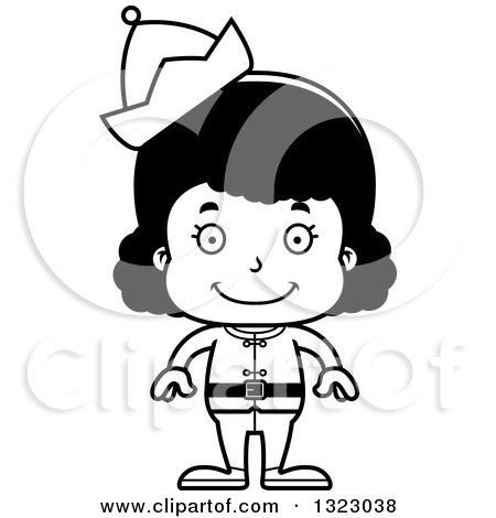 Lineart Clipart of a Cartoon Happy Black Christmas Elf Girl - Royalty Free Outline Vector Illustration by Cory Thoman