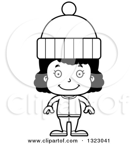Lineart Clipart of a Cartoon Happy Black Girl in Winter Clothes - Royalty Free Outline Vector Illustration by Cory Thoman