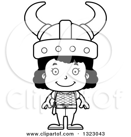 Lineart Clipart of a Cartoon Happy Black Viking Girl - Royalty Free Outline Vector Illustration by Cory Thoman