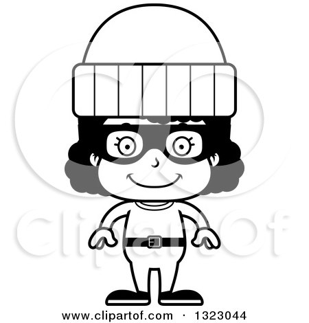 Lineart Clipart of a Cartoon Happy Black Girl Robber - Royalty Free Outline Vector Illustration by Cory Thoman