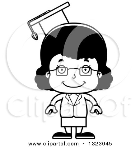 Lineart Clipart of a Cartoon Happy Black Girl Professor - Royalty Free Outline Vector Illustration by Cory Thoman