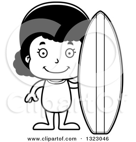 Lineart Clipart of a Cartoon Happy Black Surfer Girl - Royalty Free Outline Vector Illustration by Cory Thoman