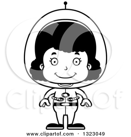 Lineart Clipart of a Cartoon Happy Black Space Girl - Royalty Free Outline Vector Illustration by Cory Thoman