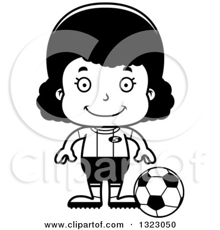 Lineart Clipart of a Cartoon Happy Black Girl Soccer Player - Royalty Free Outline Vector Illustration by Cory Thoman