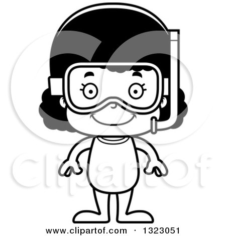 Lineart Clipart of a Cartoon Happy Black Girl in Snorkel Gear - Royalty Free Outline Vector Illustration by Cory Thoman