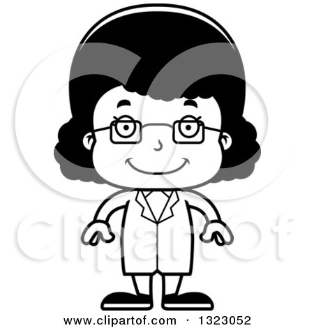 Lineart Clipart of a Cartoon Happy Black Girl Scientist - Royalty Free Outline Vector Illustration by Cory Thoman