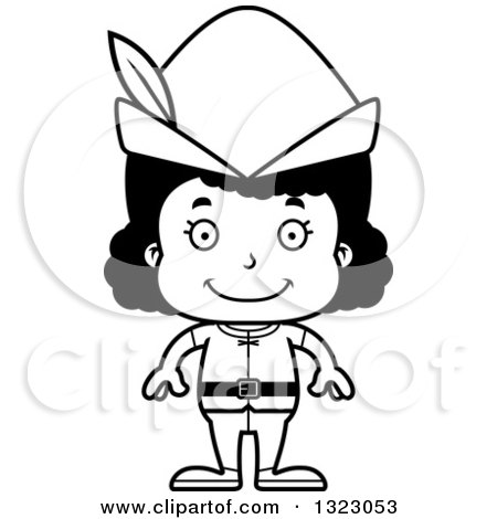 Lineart Clipart of a Cartoon Happy Black Robin Hood Girl - Royalty Free Outline Vector Illustration by Cory Thoman