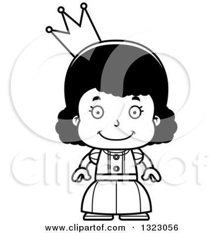 Lineart Clipart of a Cartoon Happy Black Girl Princess - Royalty Free Outline Vector Illustration by Cory Thoman