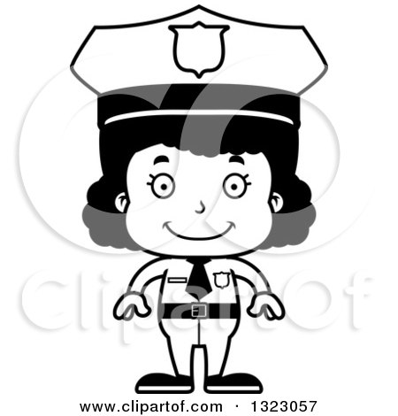 Lineart Clipart of a Cartoon Happy Black Girl Police Officer - Royalty Free Outline Vector Illustration by Cory Thoman