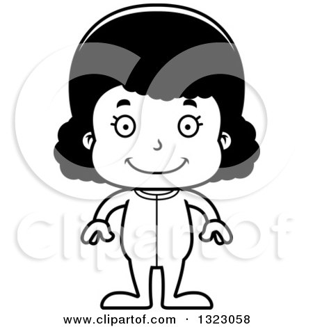 Lineart Clipart of a Cartoon Happy Black Girl Wearing Pajamas - Royalty Free Outline Vector Illustration by Cory Thoman