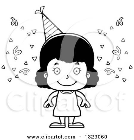 Lineart Clipart of a Cartoon Happy Black Party Girl - Royalty Free Outline Vector Illustration by Cory Thoman