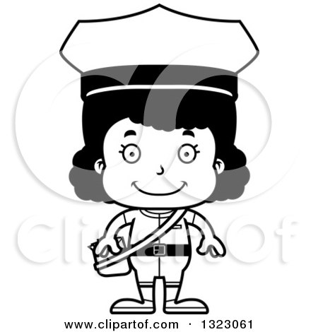 Lineart Clipart of a Cartoon Happy Black Girl Mailman - Royalty Free Outline Vector Illustration by Cory Thoman
