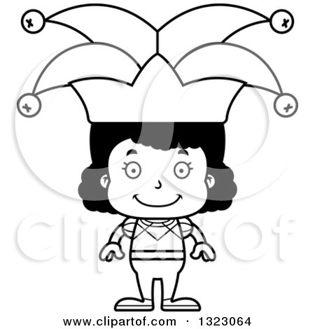 Lineart Clipart of a Cartoon Happy Black Girl Jester - Royalty Free Outline Vector Illustration by Cory Thoman
