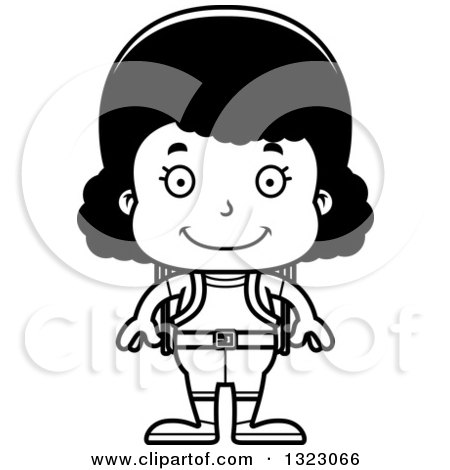 Lineart Clipart of a Cartoon Happy Black Girl Hiker - Royalty Free Outline Vector Illustration by Cory Thoman