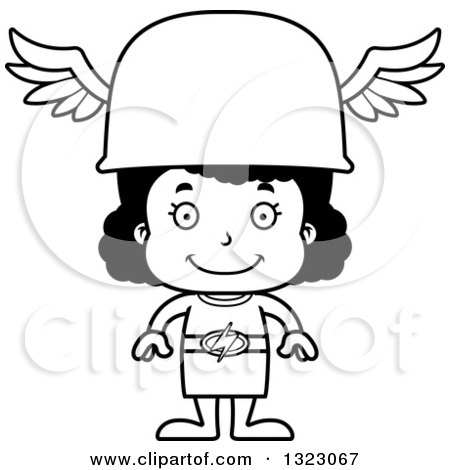 Lineart Clipart of a Cartoon Happy Black Hermes Girl - Royalty Free Outline Vector Illustration by Cory Thoman