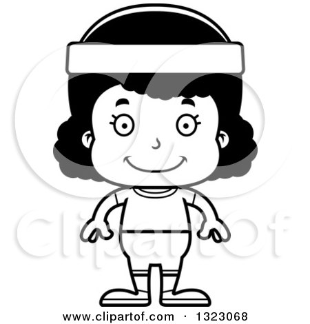 Lineart Clipart of a Cartoon Happy Black Fitness Girl - Royalty Free Outline Vector Illustration by Cory Thoman