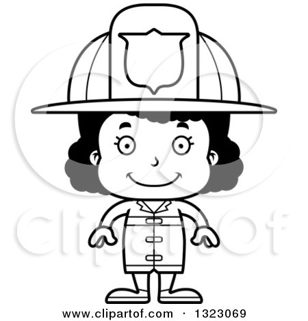 Lineart Clipart of a Cartoon Happy Black Girl Firefighter - Royalty Free Outline Vector Illustration by Cory Thoman