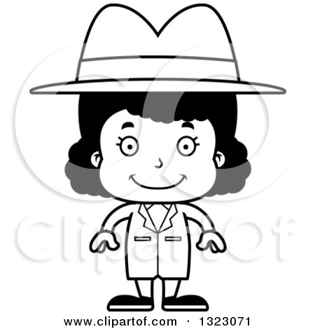 Lineart Clipart of a Cartoon Happy Black Detective Girl - Royalty Free Outline Vector Illustration by Cory Thoman