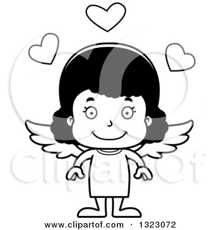 Lineart Clipart of a Cartoon Happy Black Cupid Girl - Royalty Free Outline Vector Illustration by Cory Thoman