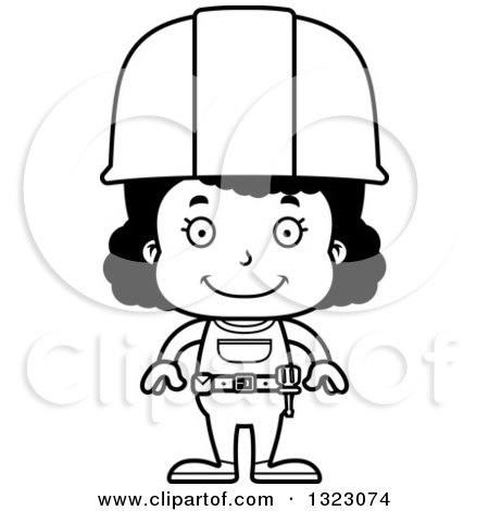 Lineart Clipart of a Cartoon Happy Black Girl Construction Worker - Royalty Free Outline Vector Illustration by Cory Thoman