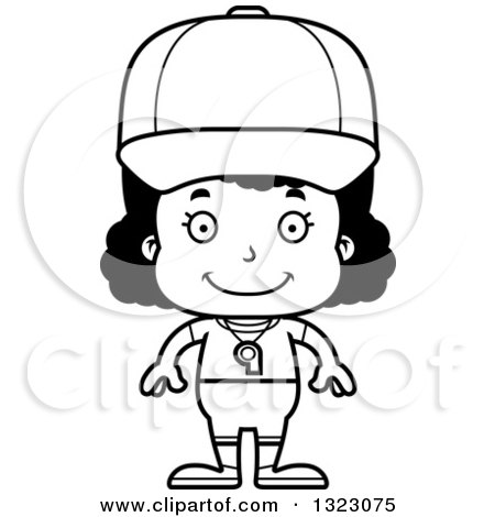 Lineart Clipart of a Cartoon Happy Black Girl Sports Coach - Royalty Free Outline Vector Illustration by Cory Thoman