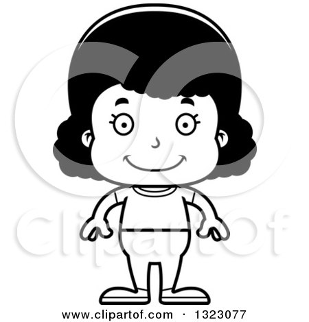 Lineart Clipart of a Cartoon Happy Casual Black Girl - Royalty Free Outline Vector Illustration by Cory Thoman