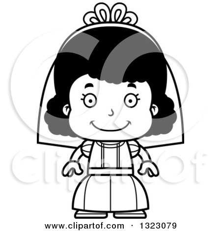 Lineart Clipart of a Cartoon Happy Black Girl Bride - Royalty Free Outline Vector Illustration by Cory Thoman