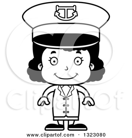 Lineart Clipart of a Cartoon Happy Black Girl Captain - Royalty Free Outline Vector Illustration by Cory Thoman