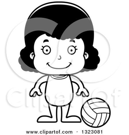Lineart Clipart of a Cartoon Happy Black Girl Beach Volleyball Player - Royalty Free Outline Vector Illustration by Cory Thoman