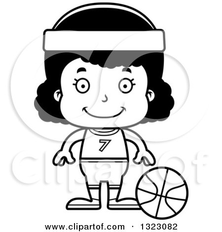 Lineart Clipart of a Cartoon Happy Black Girl Basketball Player - Royalty Free Outline Vector Illustration by Cory Thoman