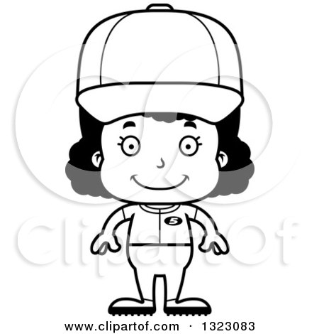 Lineart Clipart of a Cartoon Happy Black Softball Baseball Player Girl - Royalty Free Outline Vector Illustration by Cory Thoman