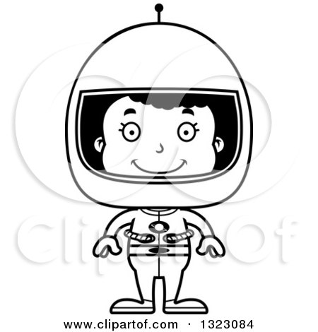 Lineart Clipart of a Cartoon Happy Black Girl Astronaut - Royalty Free Outline Vector Illustration by Cory Thoman