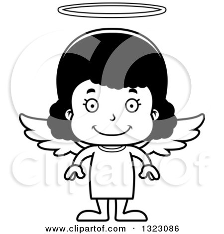 Lineart Clipart of a Cartoon Happy Black Girl Angel - Royalty Free Outline Vector Illustration by Cory Thoman