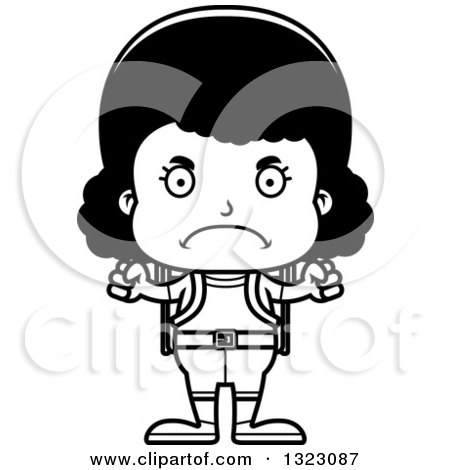 Lineart Clipart of a Cartoon Mad Black Girl Hiker - Royalty Free Outline Vector Illustration by Cory Thoman