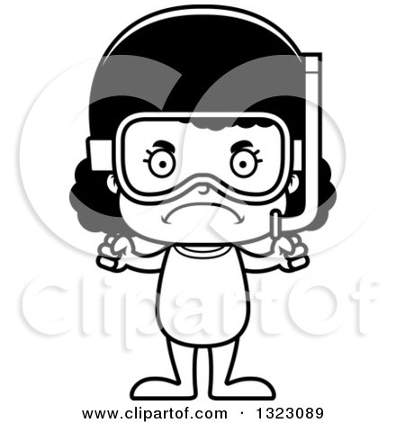 Lineart Clipart of a Cartoon Mad Black Girl in Snorkel Gear - Royalty Free Outline Vector Illustration by Cory Thoman
