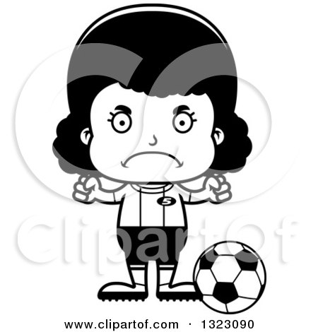 Lineart Clipart of a Cartoon Mad Black Girl Soccer Player - Royalty Free Outline Vector Illustration by Cory Thoman