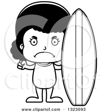 Lineart Clipart of a Cartoon Mad Black Surfer Girl - Royalty Free Outline Vector Illustration by Cory Thoman