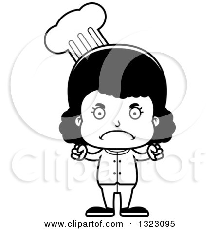 Lineart Clipart of a Cartoon Mad Black Girl Chef - Royalty Free Outline Vector Illustration by Cory Thoman