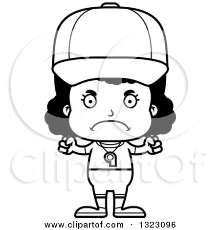 Lineart Clipart of a Cartoon Mad Black Girl Sports Coach - Royalty Free Outline Vector Illustration by Cory Thoman