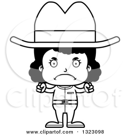 Lineart Clipart of a Cartoon Mad Black Cowgirl - Royalty Free Outline Vector Illustration by Cory Thoman