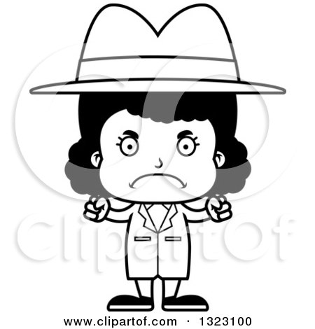 Lineart Clipart of a Cartoon Mad Black Detective Girl - Royalty Free Outline Vector Illustration by Cory Thoman