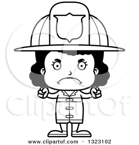 Lineart Clipart of a Cartoon Mad Black Girl Firefighter - Royalty Free Outline Vector Illustration by Cory Thoman