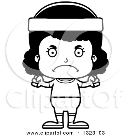 Lineart Clipart of a Cartoon Mad Black Fitness Girl - Royalty Free Outline Vector Illustration by Cory Thoman